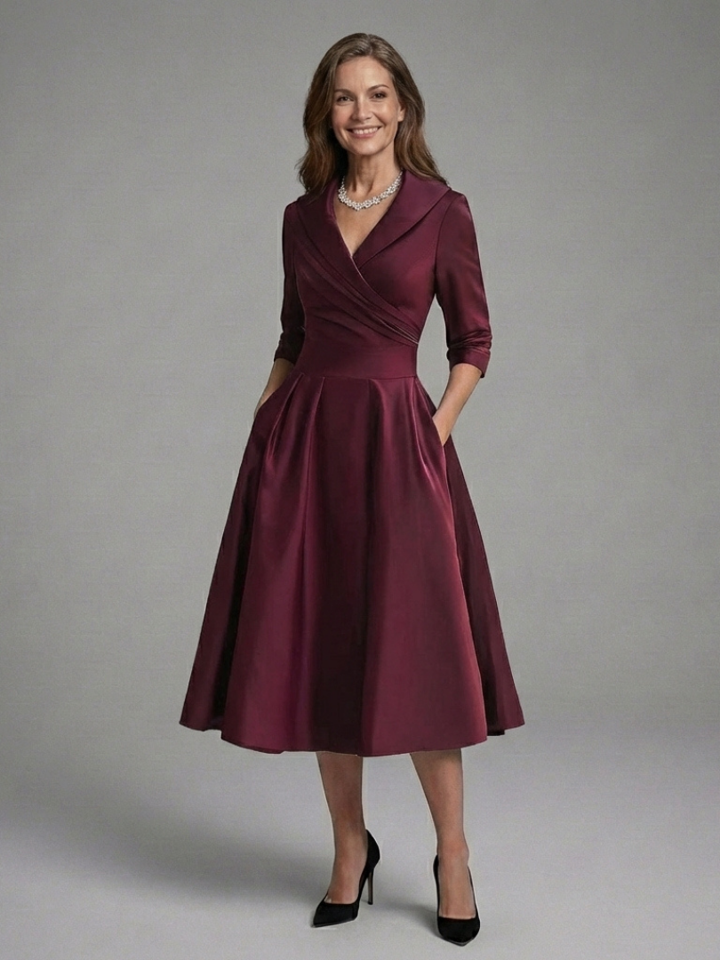 Genevieve | Three-Quarter Sleeve Wrap Bodice Midi Dress