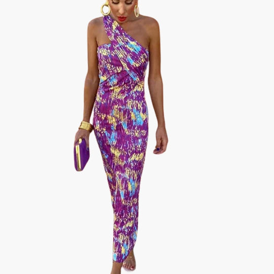 Women’s Dress with Asymmetric Neckline and Lightweight Material