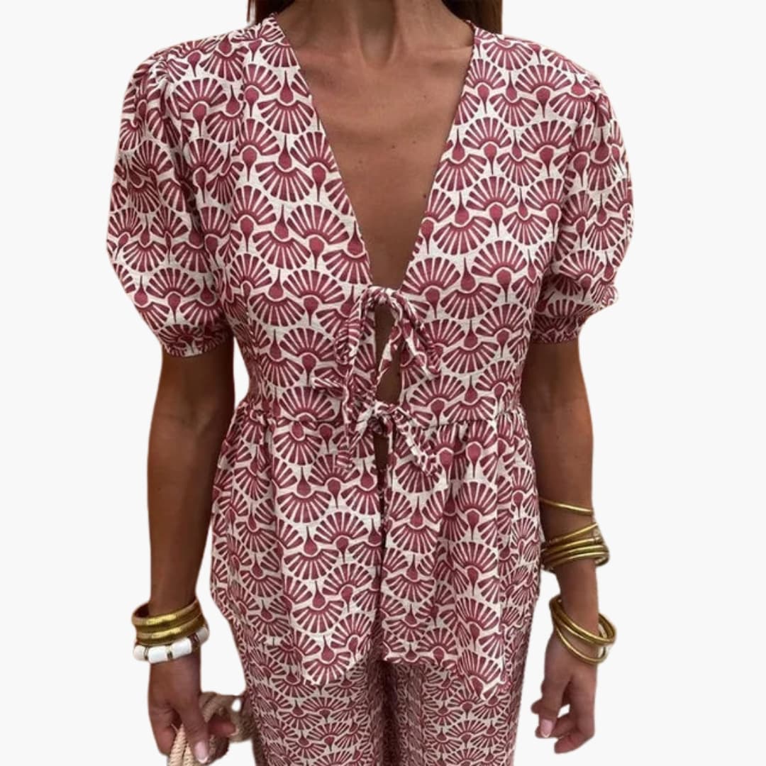 Women Co-Ord Set with Short Sleeves and Palm Pattern