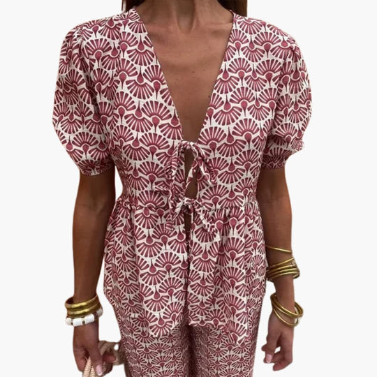 Women Co-Ord Set with Short Sleeves and Palm Pattern