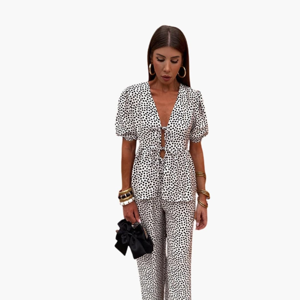 Women Co-Ord Set with Short Sleeves and Palm Pattern