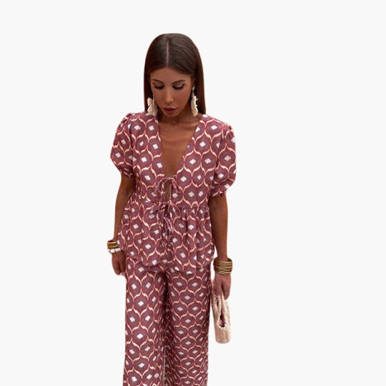 Women Co-Ord Set with Short Sleeves and Palm Pattern