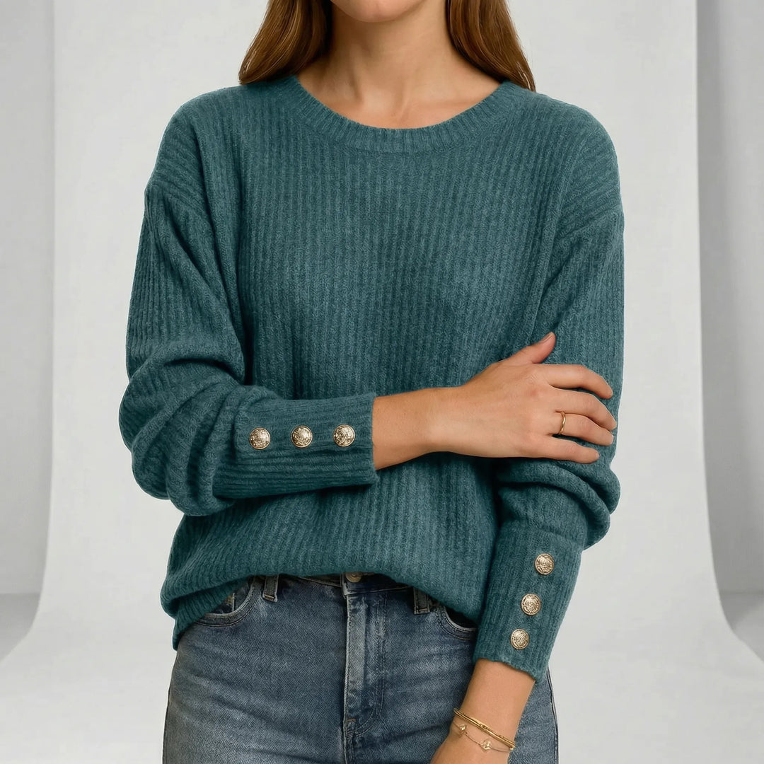 Women's Ribbed Crew Neck Jumper with Button Cuffs