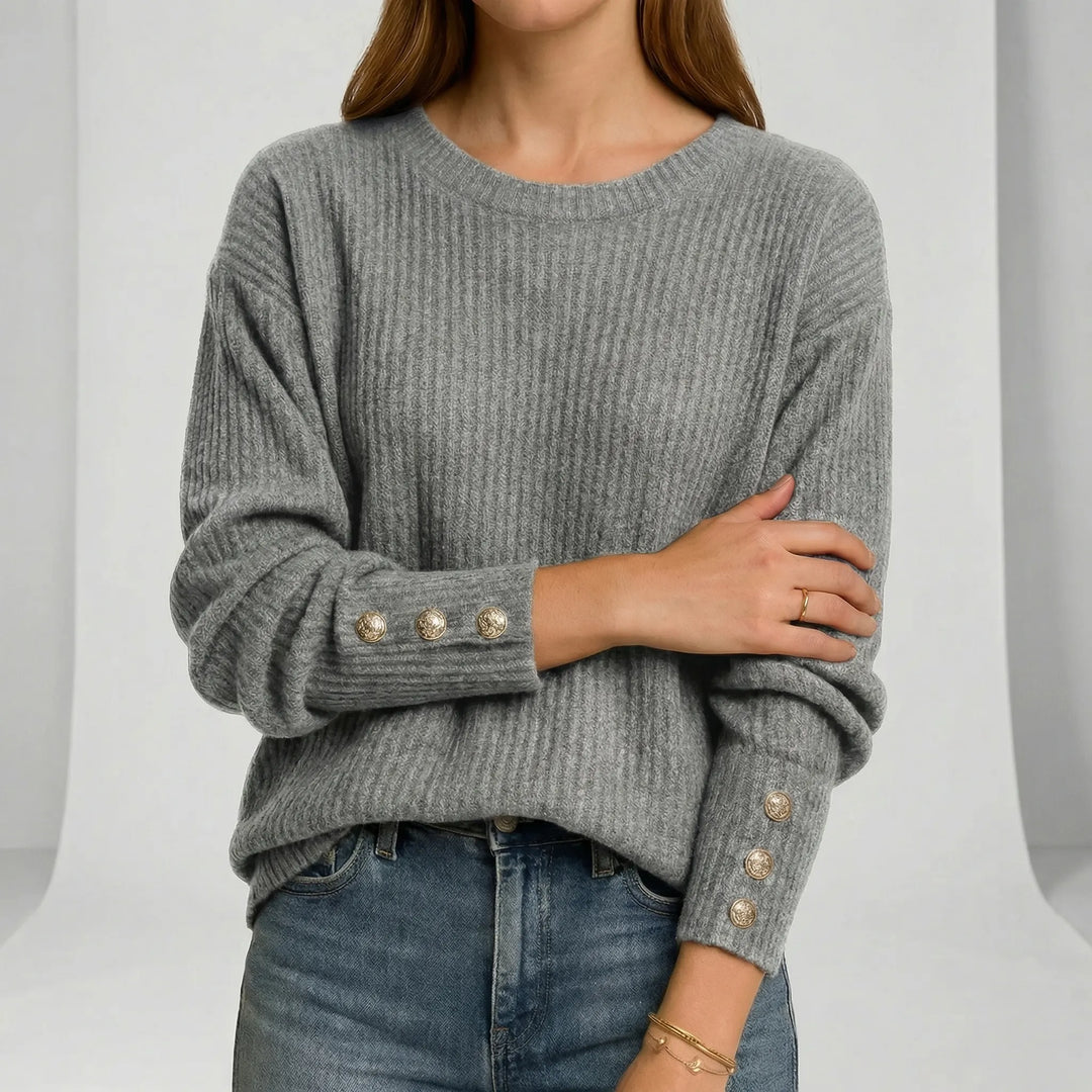 Women's Ribbed Crew Neck Jumper with Button Cuffs