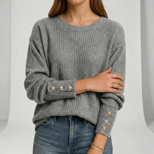 Women's Ribbed Crew Neck Jumper with Button Cuffs