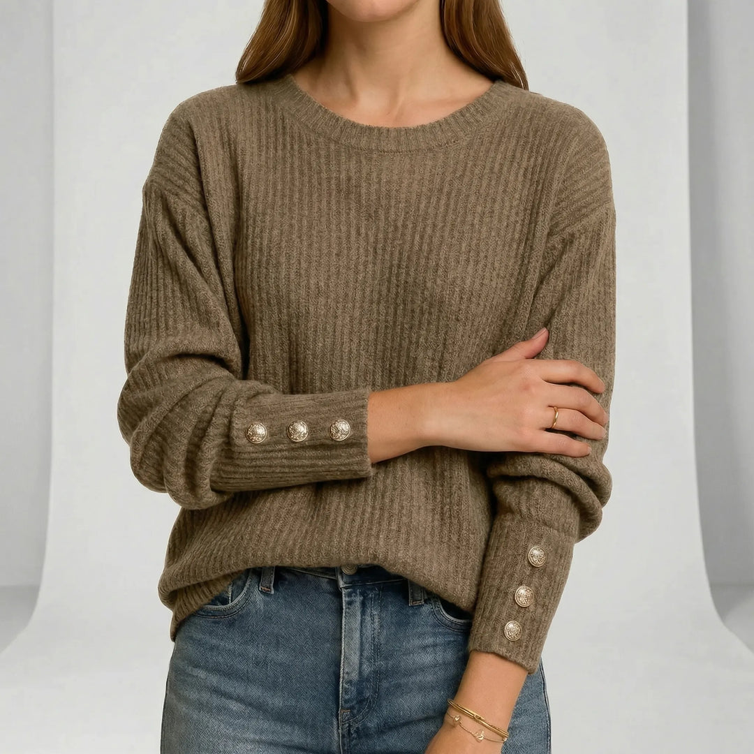 Women's Ribbed Crew Neck Jumper with Button Cuffs