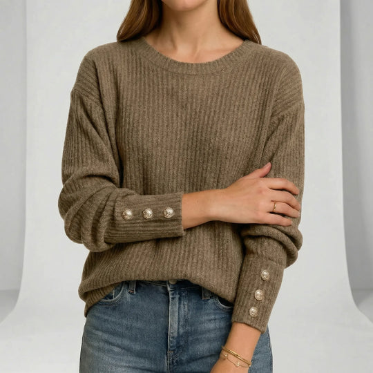Women's Ribbed Crew Neck Jumper with Button Cuffs
