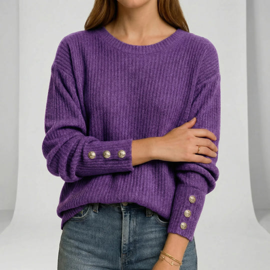 Women's Ribbed Crew Neck Jumper with Button Cuffs