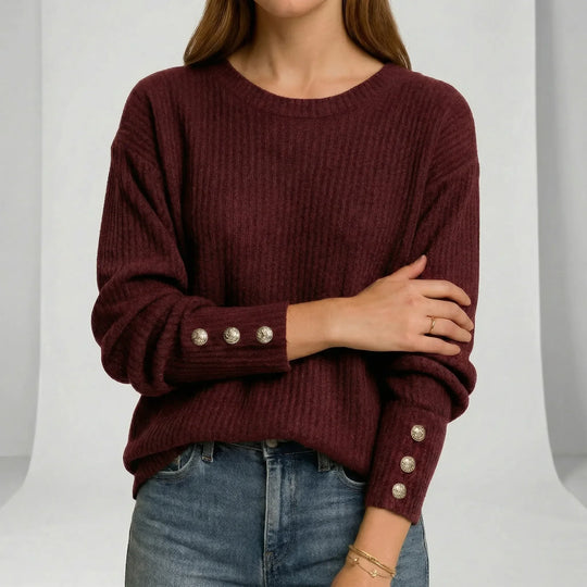 Women's Ribbed Crew Neck Jumper with Button Cuffs