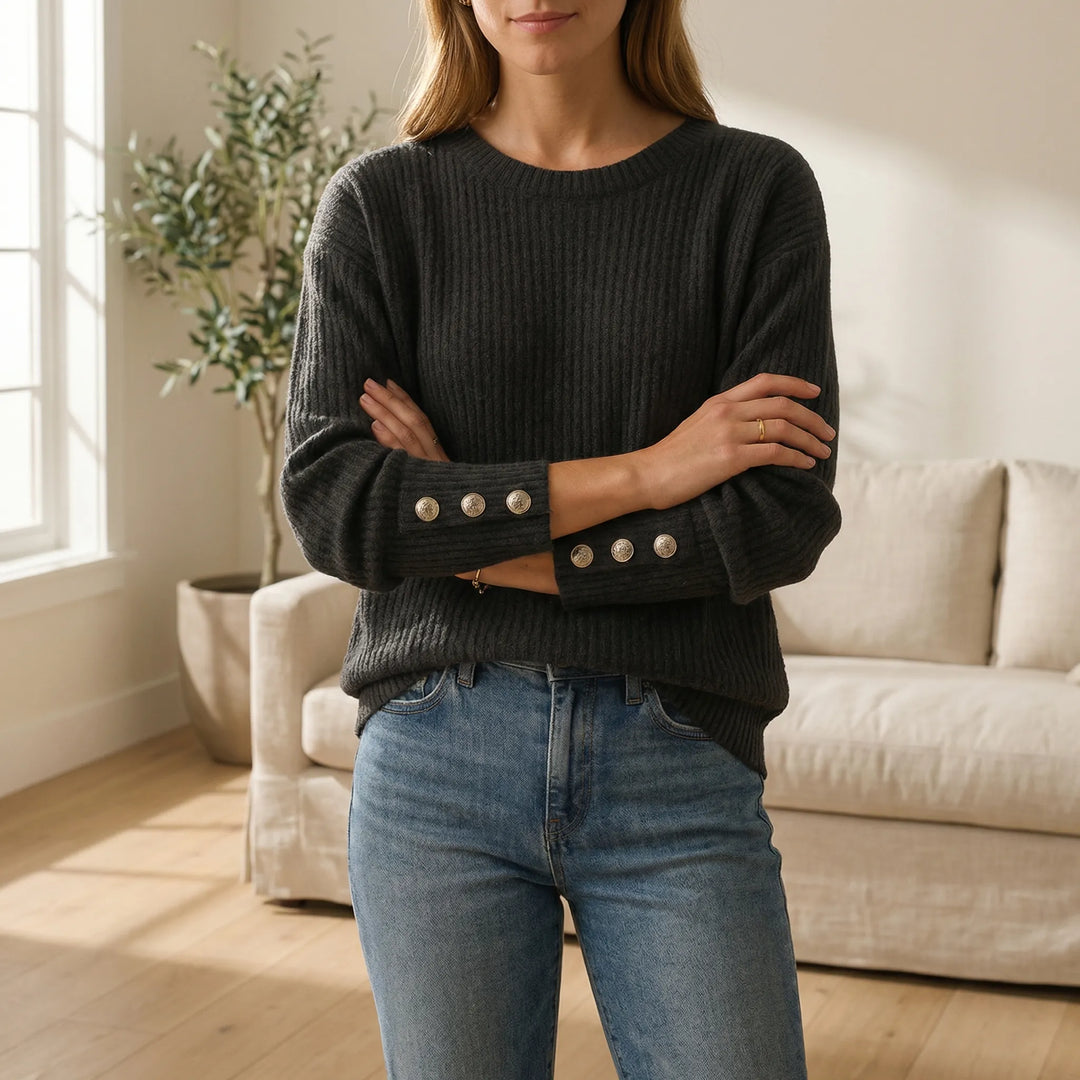 Women's Ribbed Crew Neck Jumper with Button Cuffs