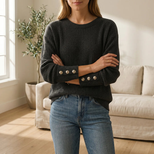 Women's Ribbed Crew Neck Jumper with Button Cuffs