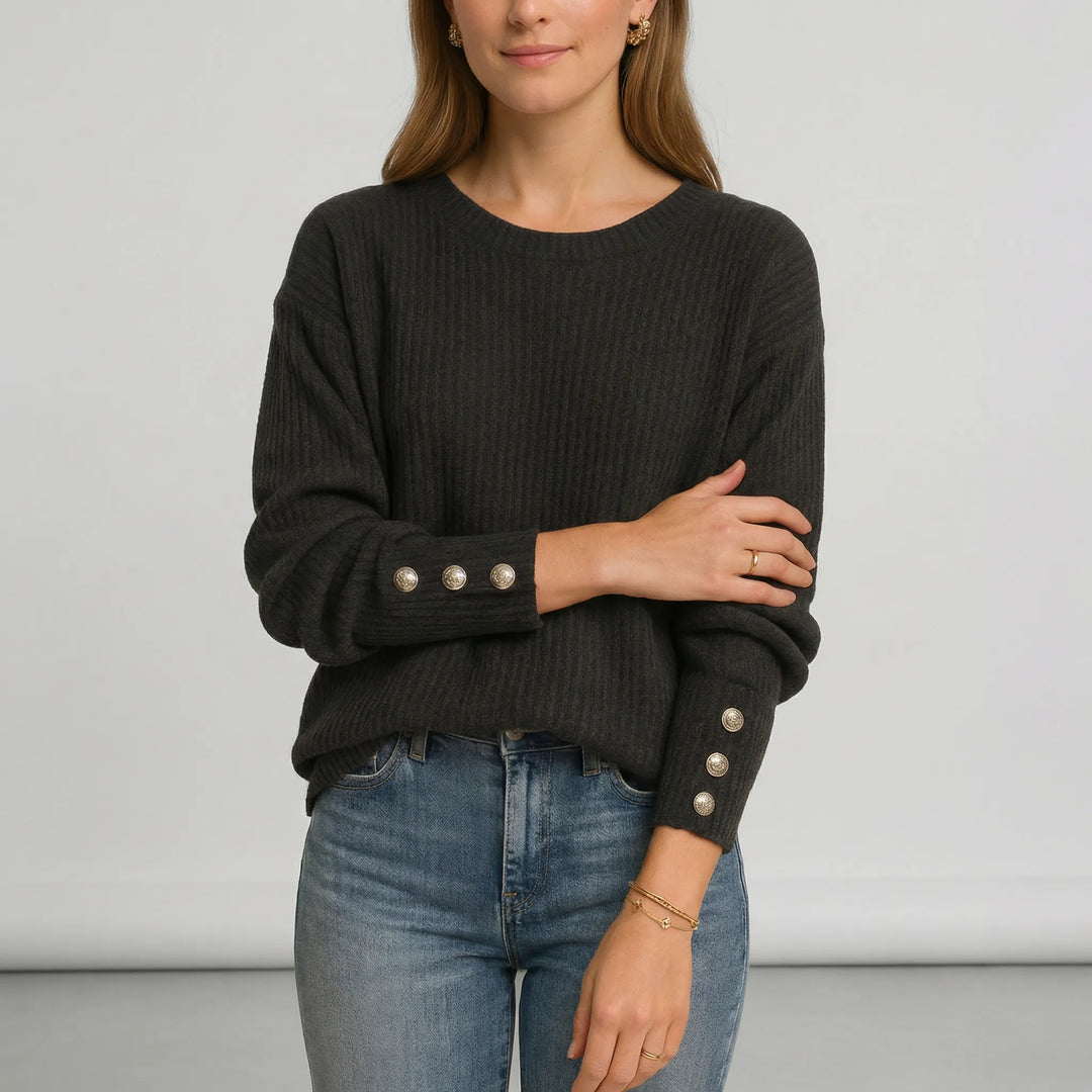 Women's Ribbed Crew Neck Jumper with Button Cuffs