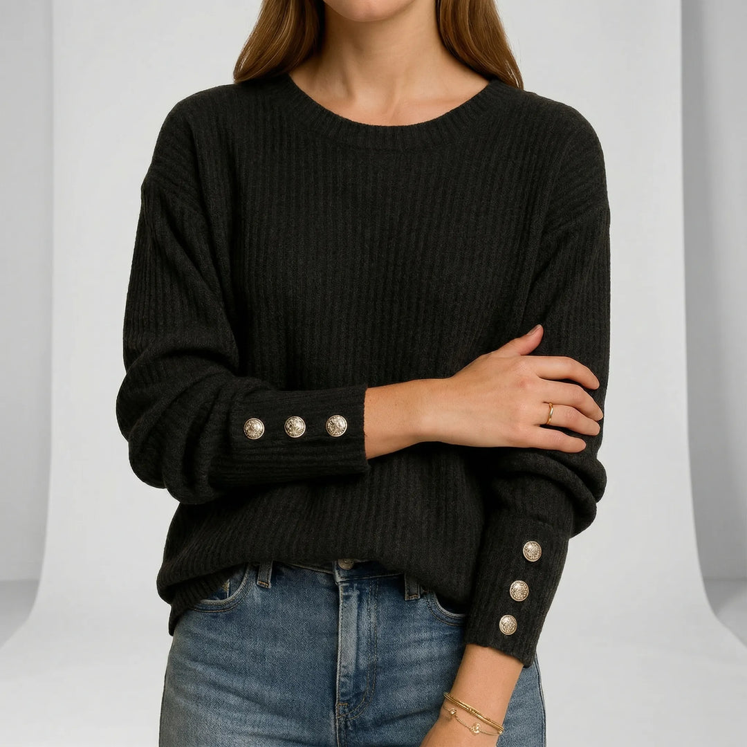 Women's Ribbed Crew Neck Jumper with Button Cuffs
