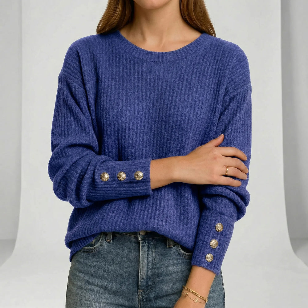 Women's Ribbed Crew Neck Jumper with Button Cuffs