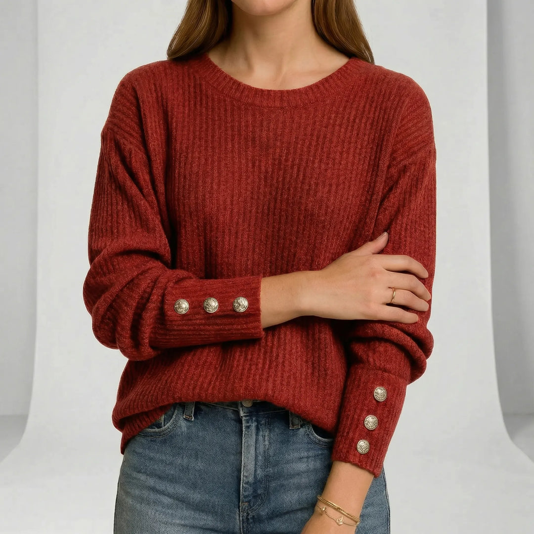 Women's Ribbed Crew Neck Jumper with Button Cuffs