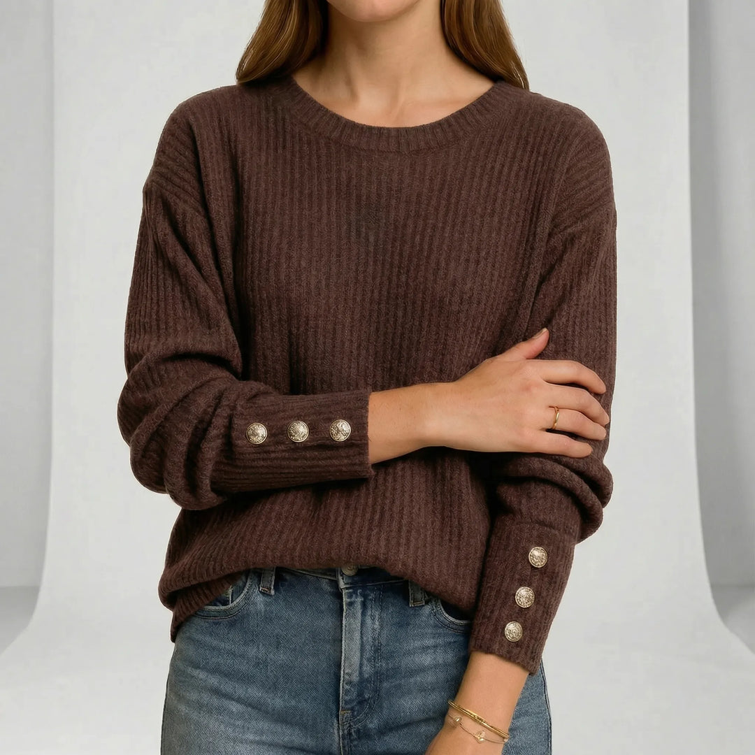 Women's Ribbed Crew Neck Jumper with Button Cuffs