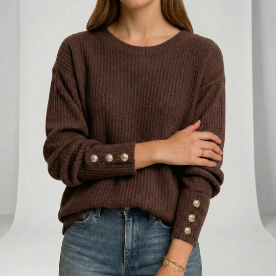 Women's Ribbed Crew Neck Jumper with Button Cuffs