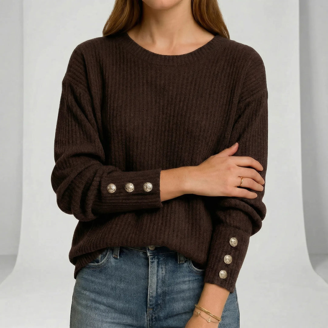 Women's Ribbed Crew Neck Jumper with Button Cuffs