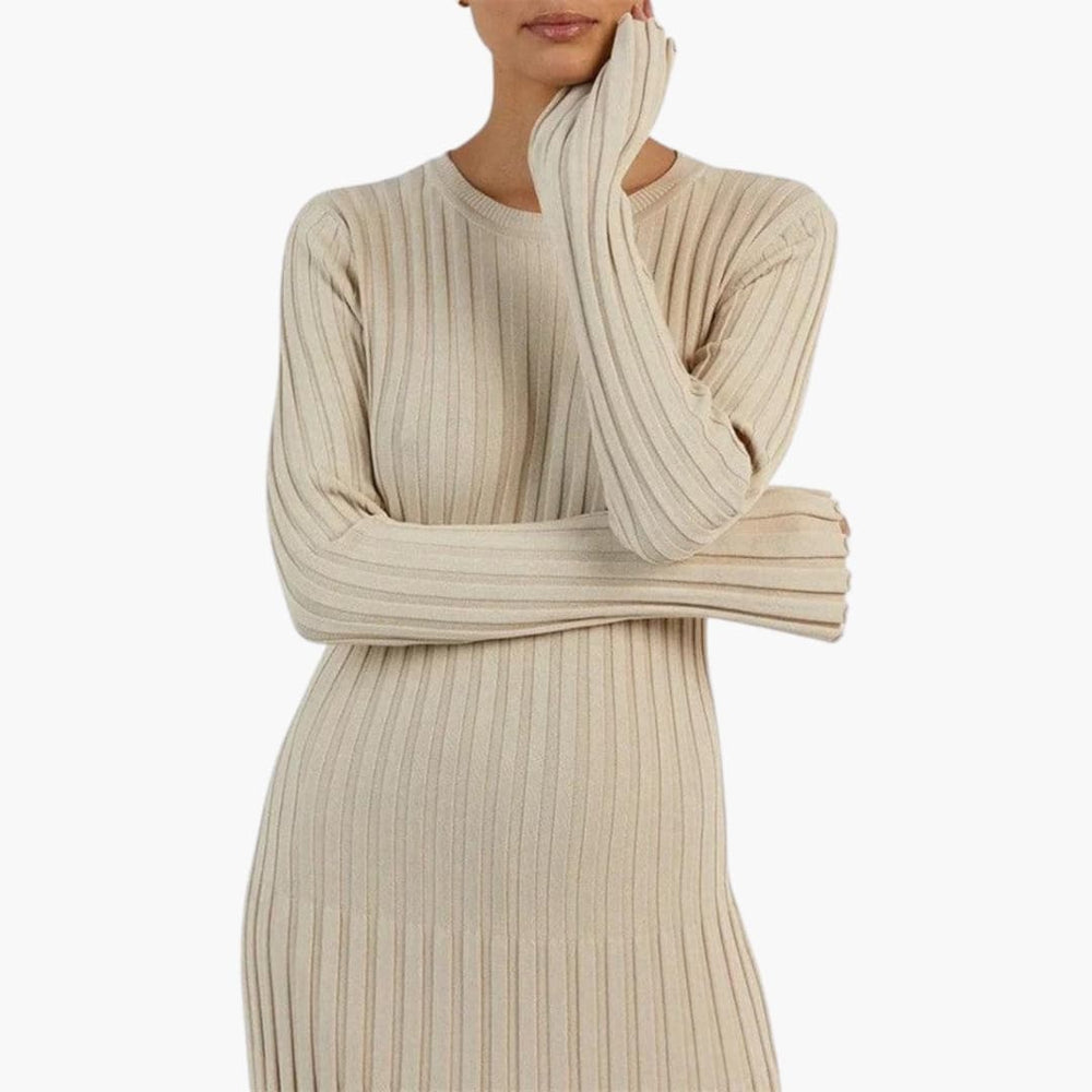 Women's Long Sleeve Maxi Dress with Ribbed Texture and Simple Fit