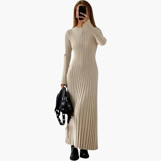 Women's Long Sleeve Maxi Dress with Ribbed Texture and Simple Fit