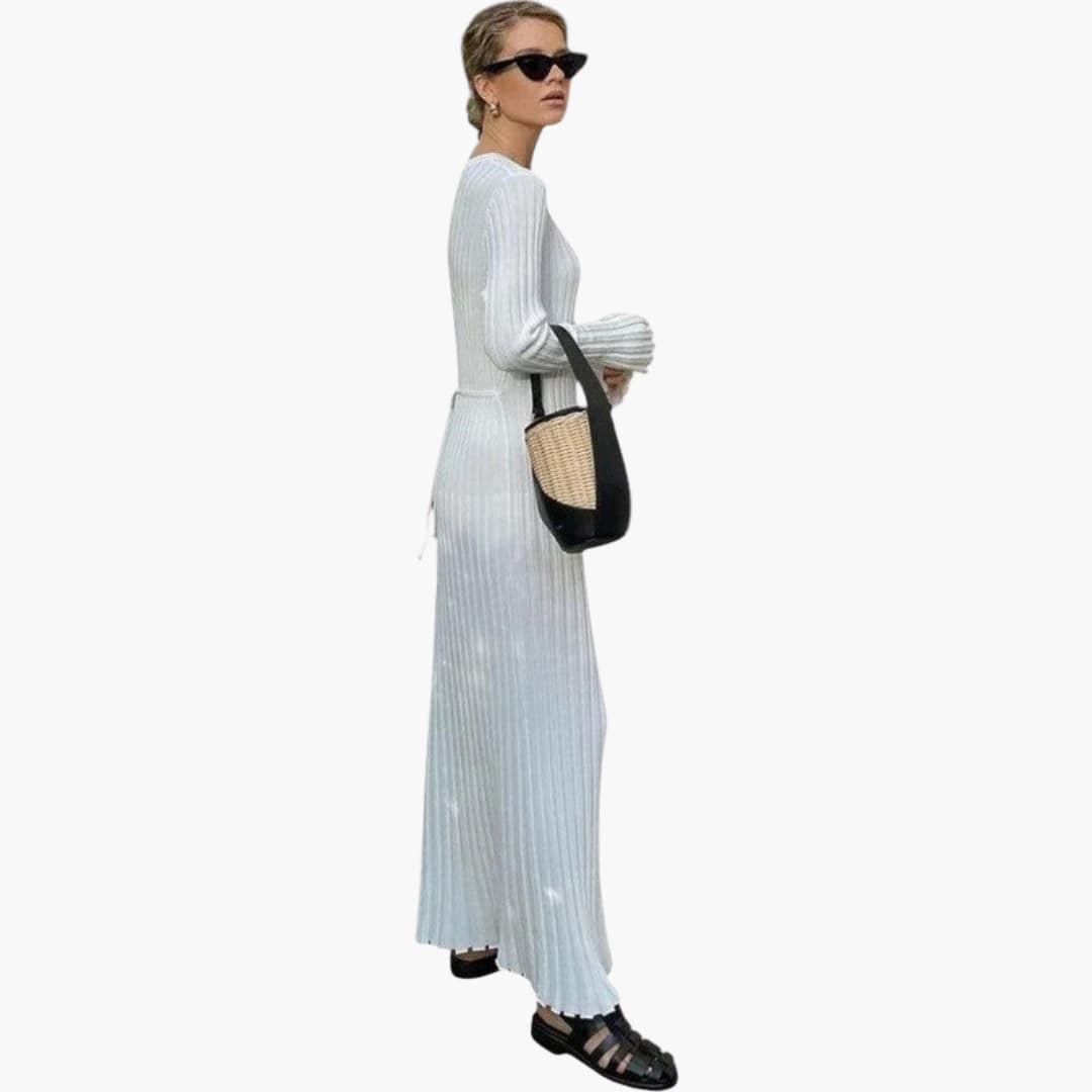 Women's Long Sleeve Maxi Dress with Ribbed Texture and Simple Fit