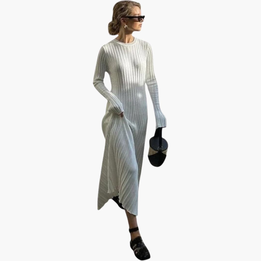 Women's Long Sleeve Maxi Dress with Ribbed Texture and Simple Fit