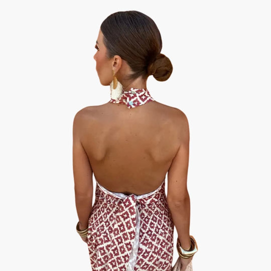 Women’s Geo Print Halter Two-Piece Set with Ruched Skirt