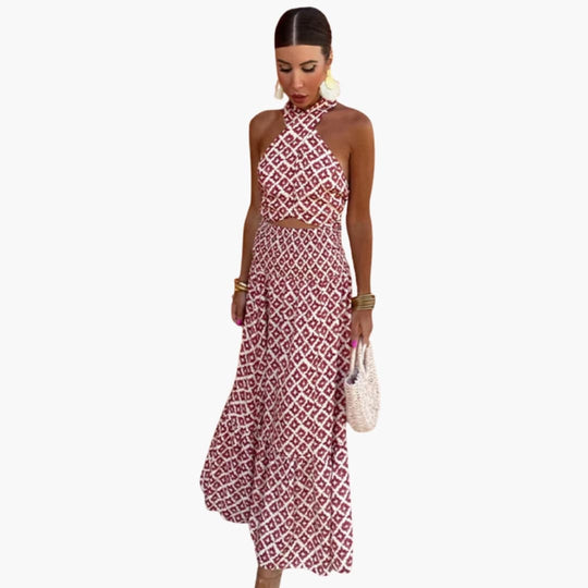 Women’s Geo Print Halter Two-Piece Set with Ruched Skirt