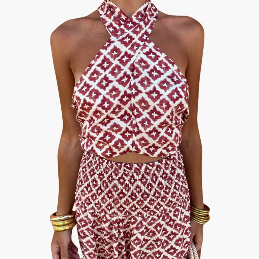 Women’s Geo Print Halter Two-Piece Set with Ruched Skirt