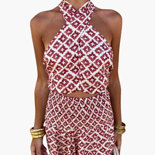 Women’s Geo Print Halter Two-Piece Set with Ruched Skirt