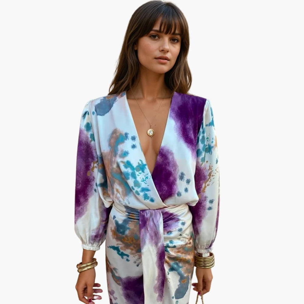 Women's Midi Dress with V-neck and Long Sleeves