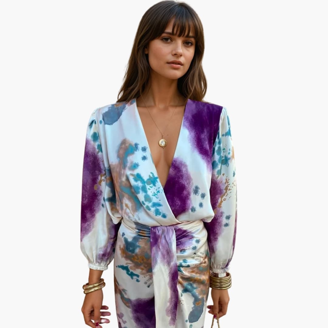 Women's Midi Dress with V-neck and Long Sleeves