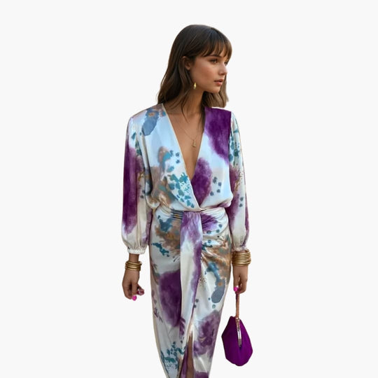 Women's Midi Dress with V-neck and Long Sleeves