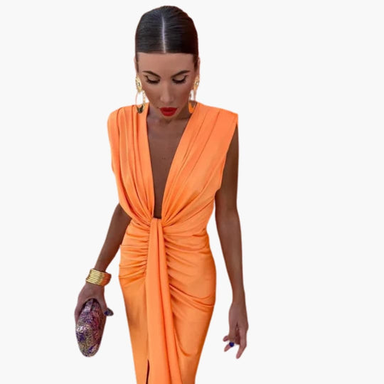 Women's Dress with Ruched Design and V-Neckline