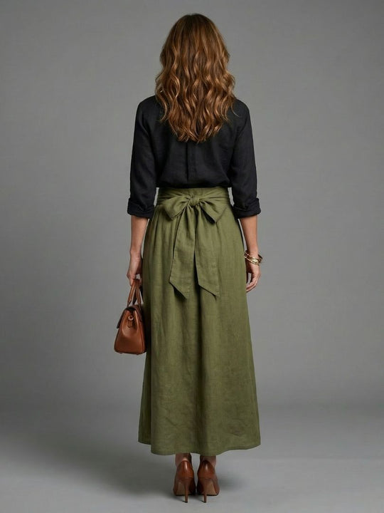 Vera | Two Piece Set Black Blouse Olive Green Midi Skirt
