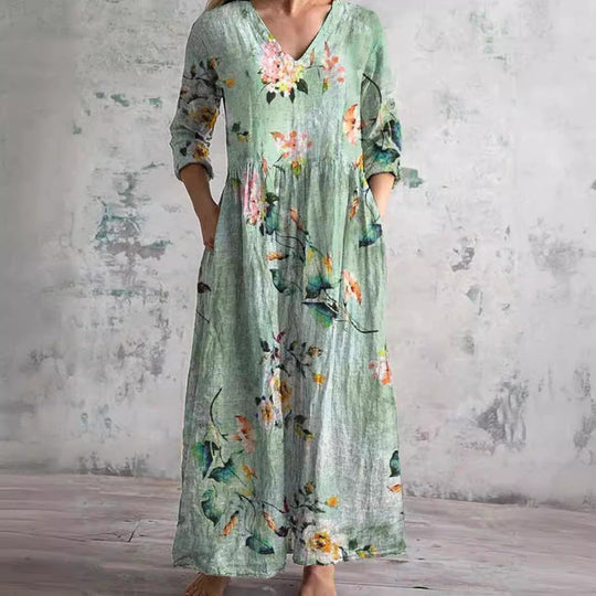 Women's Summer Dress with V-Neck and Floral Pattern