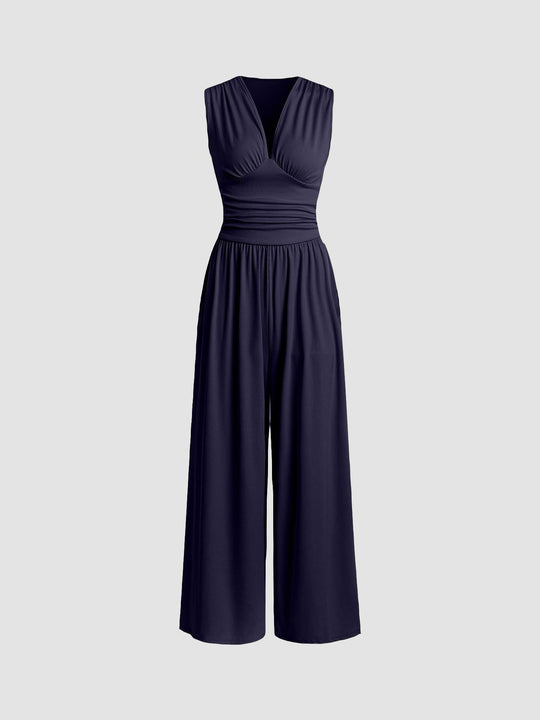 Women's Sleeveless Wide-Leg Jumpsuit with Ribbed Texture and Comfortable Fit