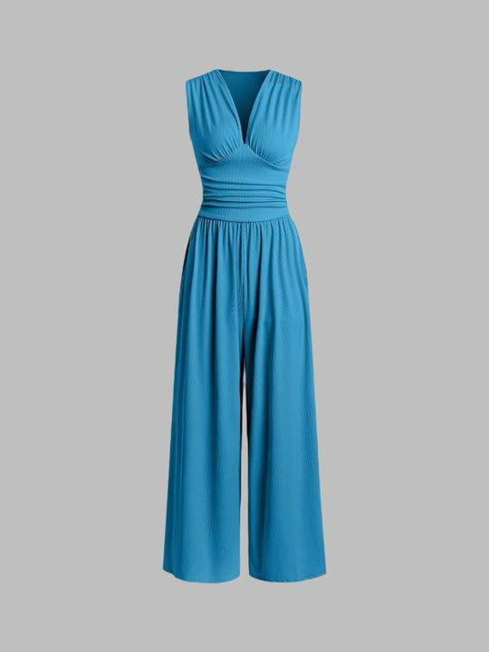 Women's Sleeveless Wide-Leg Jumpsuit with Ribbed Texture and Comfortable Fit