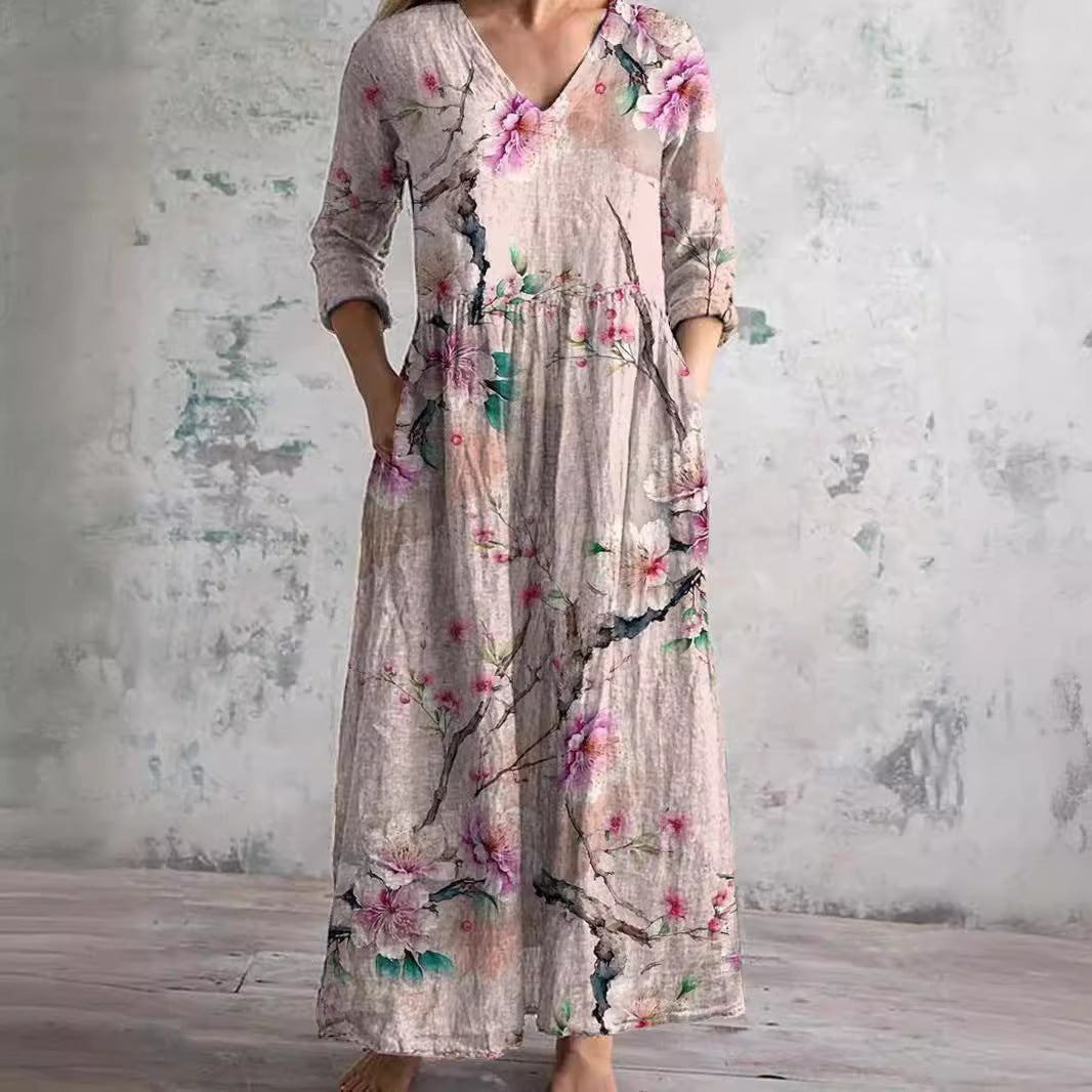 Women's Summer Dress with V-Neck and Floral Pattern