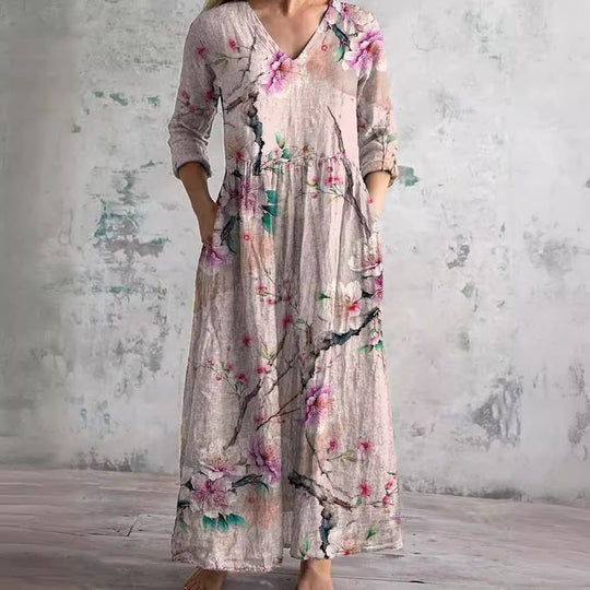 Women's Summer Dress with V-Neck and Floral Pattern