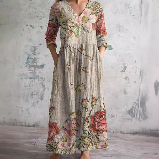 Women's Summer Dress with V-Neck and Floral Pattern