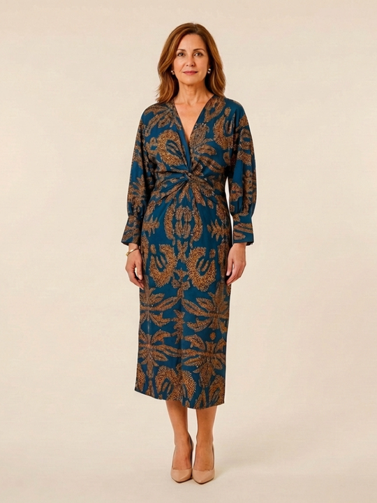 Corinna | Long Sleeve V Neck Twist Front Midi Dress