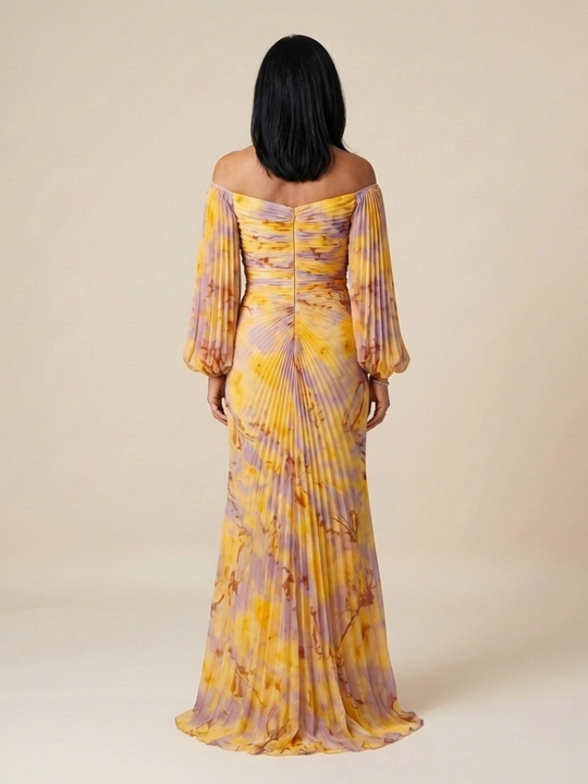 Eulalie | Off Shoulder Pleated Long Sleeve Maxi Dress