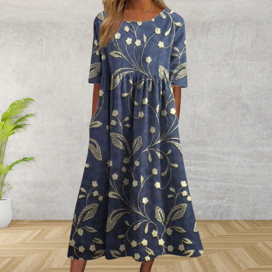 Women's Midi Dress with Embroidered Accents and Relaxed Fit