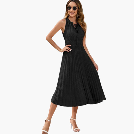 Women’s Midi Dress with Halter Neckline and Pleated Skirt