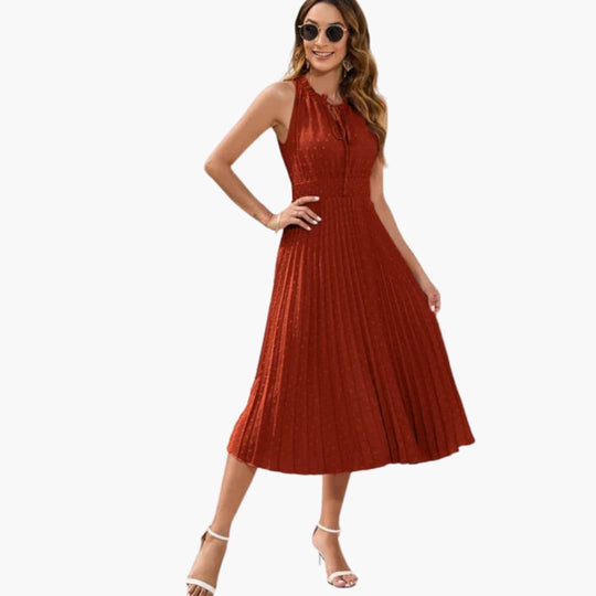 Women’s Midi Dress with Halter Neckline and Pleated Skirt