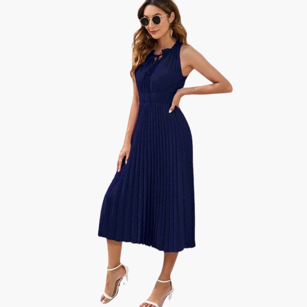 Women’s Midi Dress with Halter Neckline and Pleated Skirt