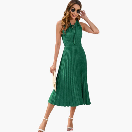 Women’s Midi Dress with Halter Neckline and Pleated Skirt