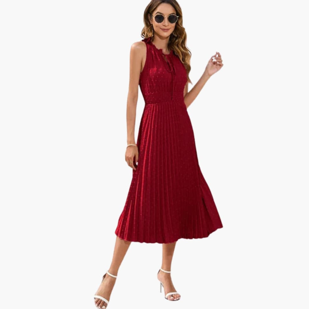 Women’s Midi Dress with Halter Neckline and Pleated Skirt