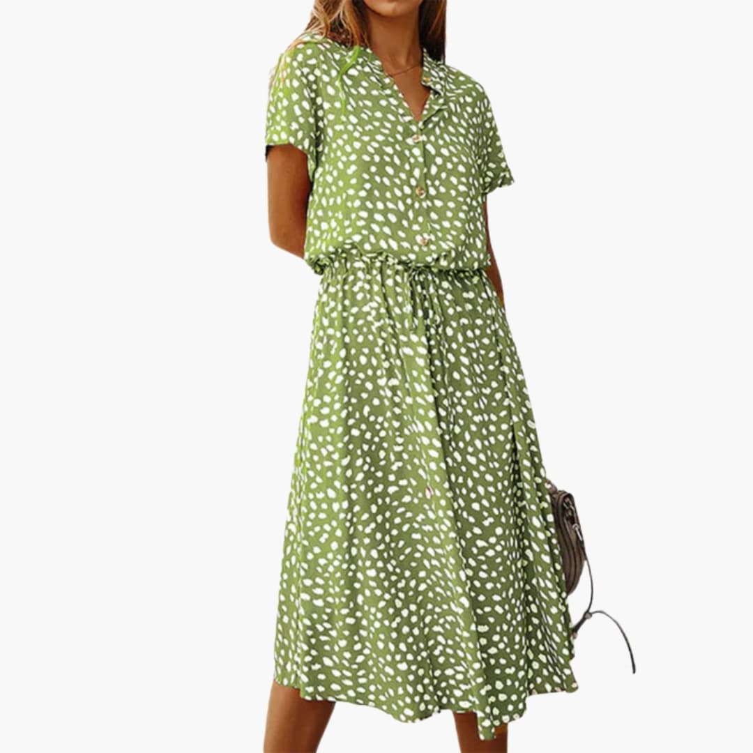 Women's Midi Dress with Button Front and Drawstring Waist